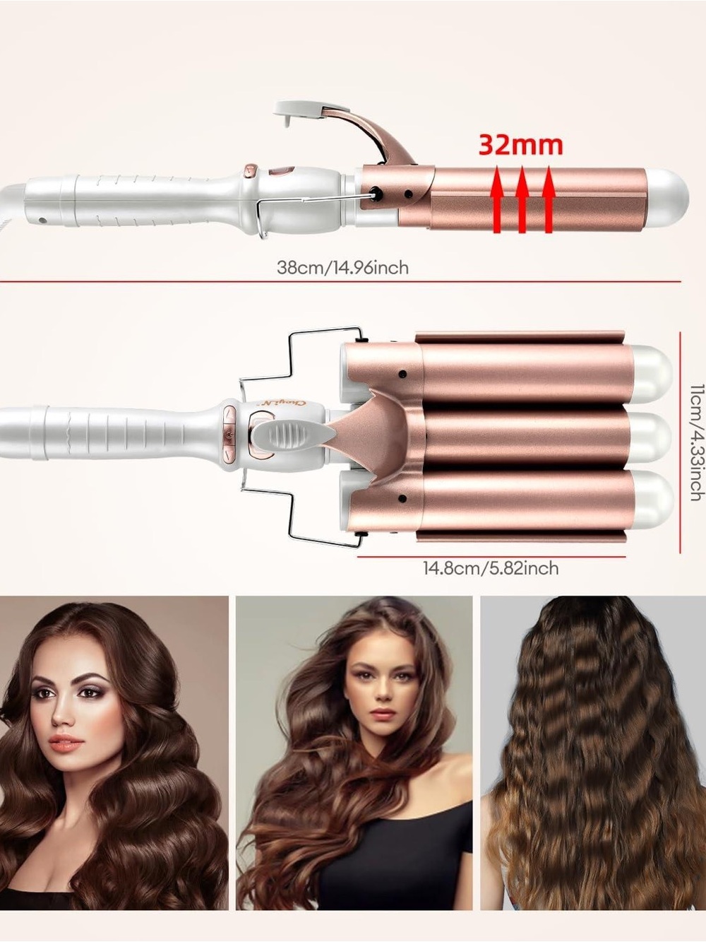 3-Barrel Hair Waver Curling Iron with Heat-Resistant Glove - Black/Gold